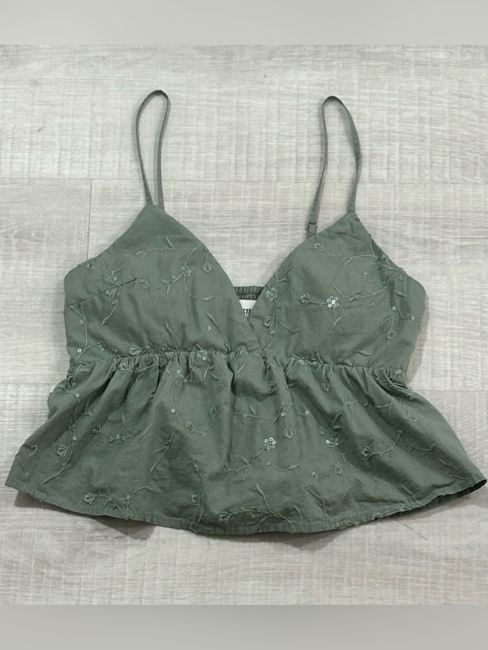 Hollister Olive Green Embroidered Spaghetti Strap Peplum Camisole